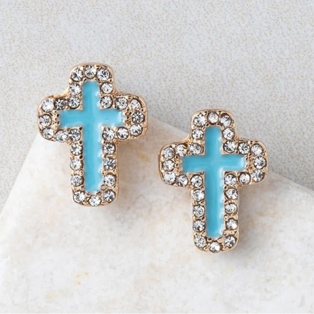 Gold and Blue Cross Earrings